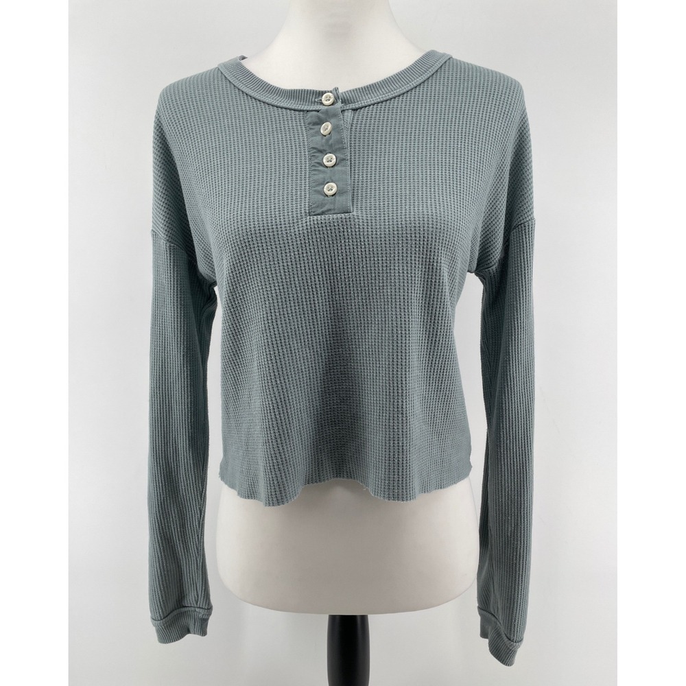 American Eagle Henley Top Womens XS Sage Green Waffle Knit Cropped Long Sleeve